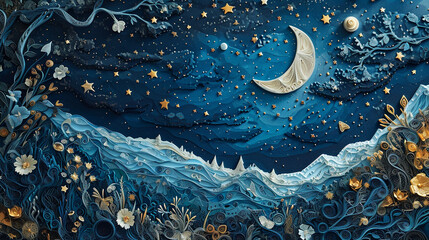 A paper quilling artwork of a night sky with stars, constellations, and a crescent moon, paired with a dark Toile background featuring nocturnal wildlife scenes.