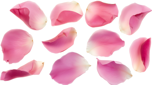 Set of pink rose flowers petals isolated on transparent background.