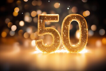 Golden sparkling number fifty on dark background with bokeh lights. Symbol 50. Invitation for a...
