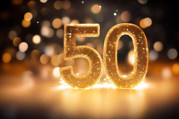 Foto op Canvas Golden sparkling number fifty on dark background with bokeh lights. Symbol 50. Invitation for a fiftieth birthday party or business anniversary. © Kassiopeia 