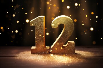 Golden sparkling number twelve on dark background with bokeh lights. Symbol 12. Invitation for a twelfth birthday party or business anniversary.