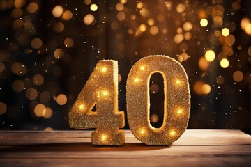 Golden sparkling number forty on dark background with bokeh lights. Symbol 40. Invitation for a fortieth birthday party or business anniversary. - obrazy, fototapety, plakaty