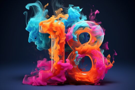 Colorful number eighteen with vibrant smoke on black background. Symbol 18. Invitation for a eighteenth birthday party or business anniversary. Neon light and colors.