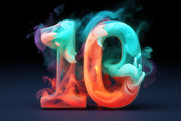 Colorful number ten with vibrant smoke on dark background. Symbol 10. Invitation for a tenth birthday party or business anniversary. Neon light and colors.