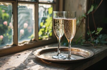 two glasses of champagne on tray by window in france wine - obrazy, fototapety, plakaty