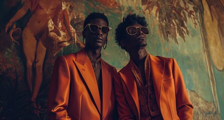 Obraz premium two people wearing sunglasses and orange colored suits posing in front of a painting