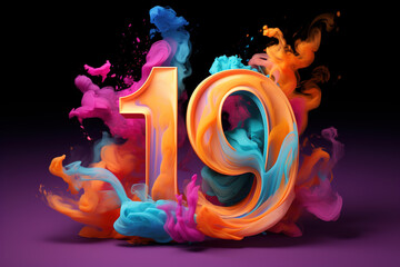 Colorful number nineteen with vibrant smoke on black background. Symbol 19. Invitation for a nineteenth birthday party or business anniversary. Neon light and colors.