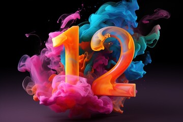 Colorful number twelve with vibrant smoke on black background. Symbol 12. Invitation for a twelfth birthday party or business anniversary. Neon light and colors. - obrazy, fototapety, plakaty