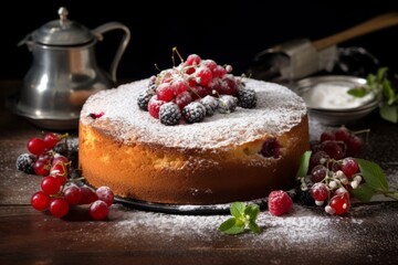 A slice of comfort: A beautifully presented Herman cake, served with a garnish of fresh berries and a sprinkle of powdered sugar