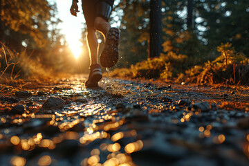 Low side view on man running in morning in summer, sunlight