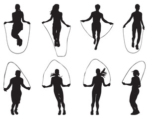 Black silhouettes of people skipping rope on white background