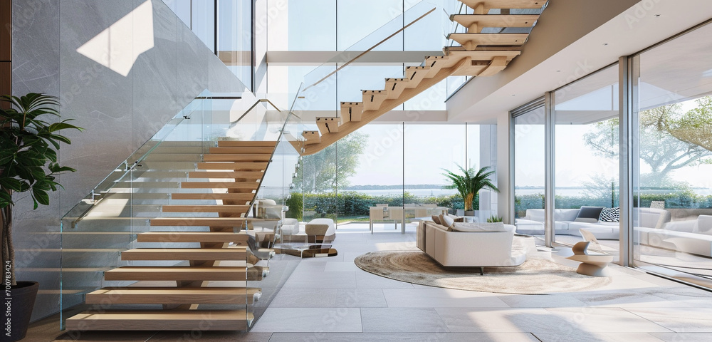 Wall mural A sleek, contemporary staircase featuring floating light oak treads and clear glass railings, enhancing an open-plan living space. - Wall murals