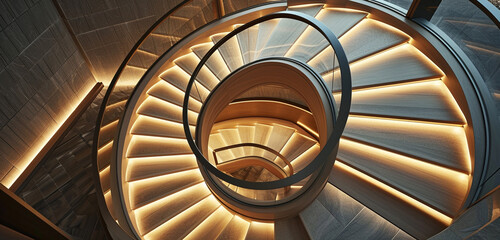 A sleek spiral staircase in blonde wood, paired with elegant iron handrails and subtle LED lighting...