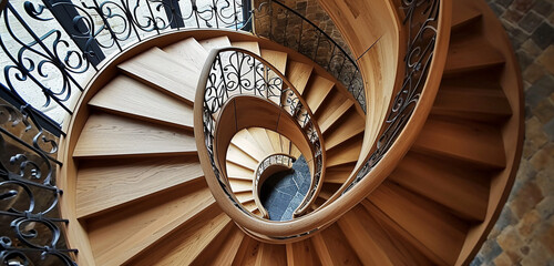 A chic spiral staircase made of ash wood, accented with finely crafted iron arm railings, in a...