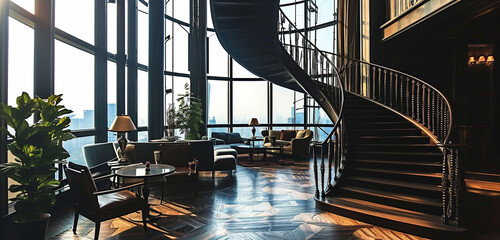 A sophisticated dark wood spiral staircase with minimalist iron railings, set against a backdrop of large windows.