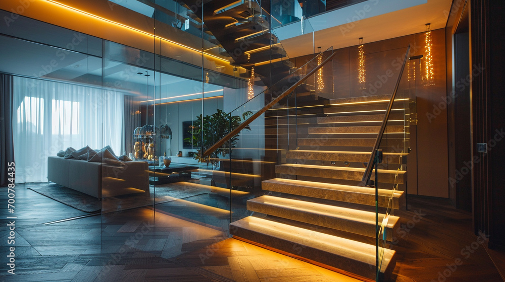 Wall mural A sophisticated, panoramic wooden staircase with a striking contrast of dark and light hues, glass sides, and atmospheric LED lighting beneath the handrails. - Wall murals