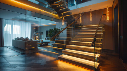 A sophisticated, panoramic wooden staircase with a striking contrast of dark and light hues, glass...