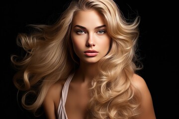 Fototapeta premium Blonde woman with curly beautiful hair smiling on dark background.