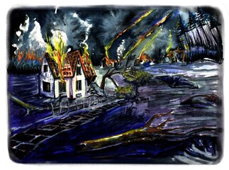 Fiery attack at night, destroyed and burning houses, cataclysm. Illustration on the theme of war and apocalypse. Watercolor illustration.
