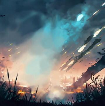 Fiery strokes among the blue sky, digital illustration of a fiery attack.