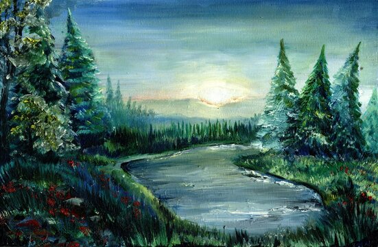 Mid summer. Summer forest landscape with lake and pine trees. Sunrise on the horizon. Oil on canvas.