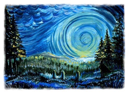 Night forest landscape with starry sky. View of a forest clearing. Fairytale illustration. Oil drawing.
