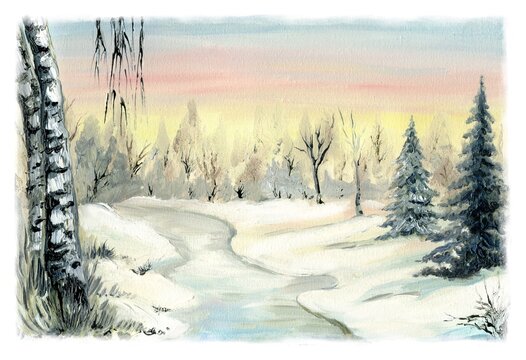 Midwinter. Winter landscape with a river, pine trees, birch trees and forest on the horizon. Sunset sky. Oil on canvas.