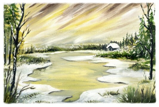 The beginning of spring. Winter landscape with a river, view of the snowy horizon. Oil on canvas.