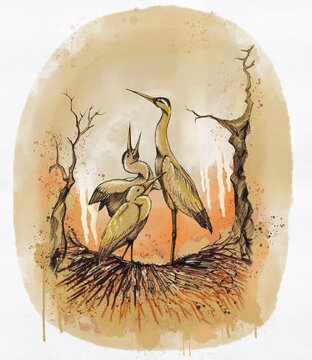 A family of storks in a nest, ink illustration with imitation watercolor.