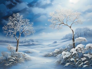 The image shows a calm blue background decorated with fluffy snowflakes. . It effortlessly evokes a feeling of longing for the quiet beauty of snowy landscapes.
