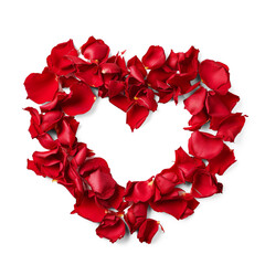 Red rose petals in heart shape isolated on transparent background.