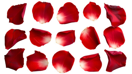 Set of red rose flowers petals isolated on transparent background. - obrazy, fototapety, plakaty