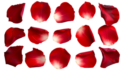 Set of red rose flowers petals isolated on transparent background.