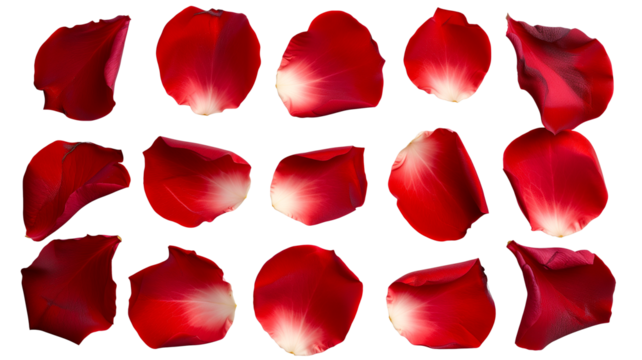Set of red rose flowers petals isolated on transparent background.