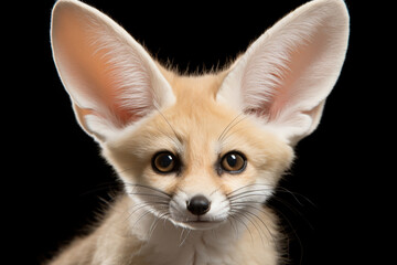 Fennec Fox close-up portrait on a black background.