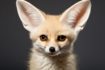 Fennec Fox close-up portrait on a black background.