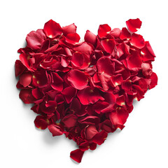 Red rose petals in heart shape isolated on transparent background.