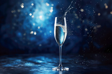 champagne flute filled with bubbling sparkling wine, radiating sophistication and elegance, against a backdrop of midnight blue bokeh - obrazy, fototapety, plakaty