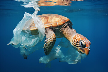 A sea turtle navigating through underwater plastic pollution, highlighting the urgent issue of ocean contamination and its impact on marine life. - obrazy, fototapety, plakaty