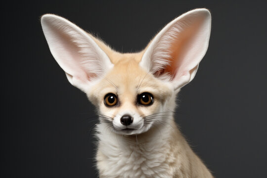 Fennec Fox close-up portrait on a black background.