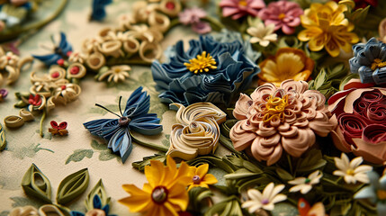 Fototapeta na wymiar A paper quilling art piece showcasing an array of blooming flowers in a botanical garden, set against a Toile background that integrates butterflies among the floral patterns.