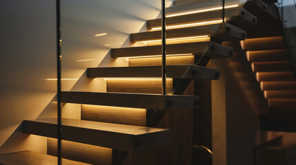 A striking two-tone wooden staircase, featuring dark-stained steps against light-colored walls,...