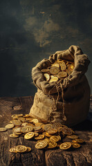 a bag containing bunch of gold coins on the background - obrazy, fototapety, plakaty