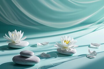 Fototapeta na wymiar Tranquil water lilies and smooth stones on serene water, a zen-like scene embodying calm and meditation