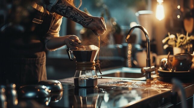A woman's hands, with a subtle tattoo, filling a moka pot, set on a chic, glass kitchen table. The contemporary lighting is crisp and clean, focusing on the action and the coffee's texture.
