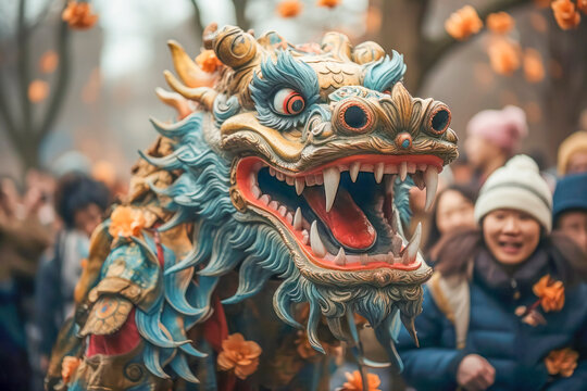 Vibrant Dragon Puppet in Chinese New Year Parade