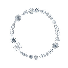 Vector illustration of hand drawn floral wreath. Ink drawing, round frame of graphic style, beautiful simple wedding design element isolated on a white background.