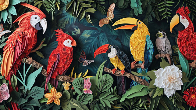 A paper quilling art piece featuring an array of exotic birds in a tropical setting, complemented by a lush Toile background with jungle-themed illustrations.