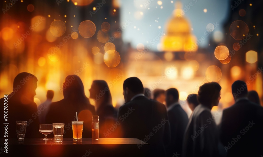 Poster people standing in front of a bar with bokeh lights. generative ai.