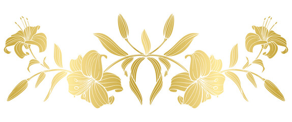 Gold lily flowers bouquet . Detailed lili peony flowers stencil vector illustration.  - obrazy, fototapety, plakaty